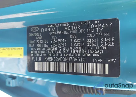 2022 Hyundai Kona Sel z USA, uszkodzony, nr VIN KM8K62AB0NU789510